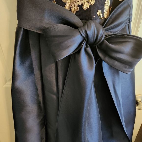 R&M Richards Blue and Gold Embellished Sequin Bow High Low Ball Gown Dress - Picture 11 of 12